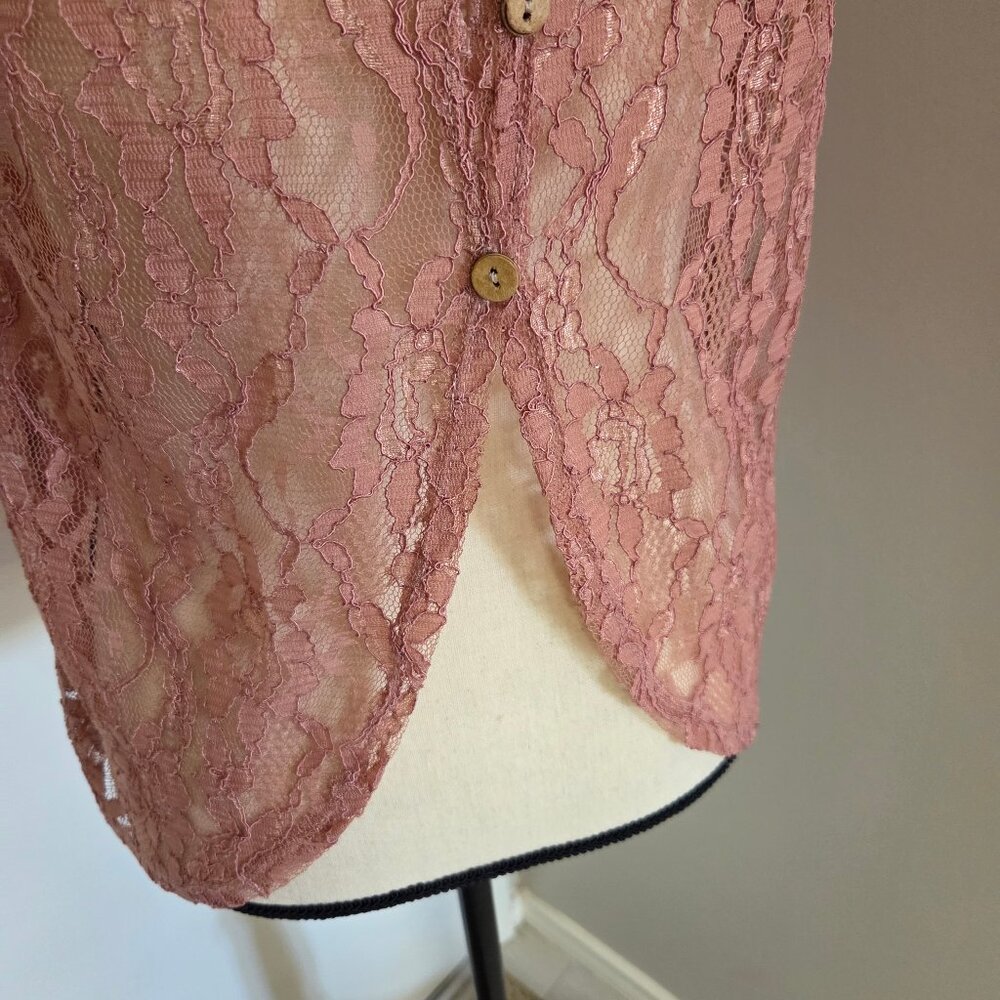 Pink Tank Top Juniors Medium Floral Sleeveless Sheer Lace Back Shirt - Picture 6 of 7